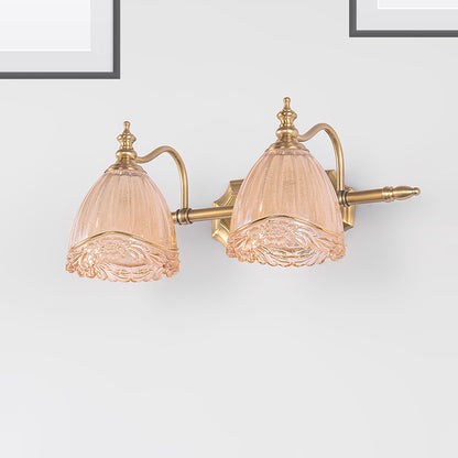 Floral Shade Wall Light Sconce Modern Style Amber Glass 2/3 Bulbs Bathroom Vanity Light in Brass Finish, 16.5"/24.5" W Brass 16.5" Clearhalo 'Modern wall lights' 'Modern' 'Vanity Lights' 'Wall Lights' Lighting' 255192