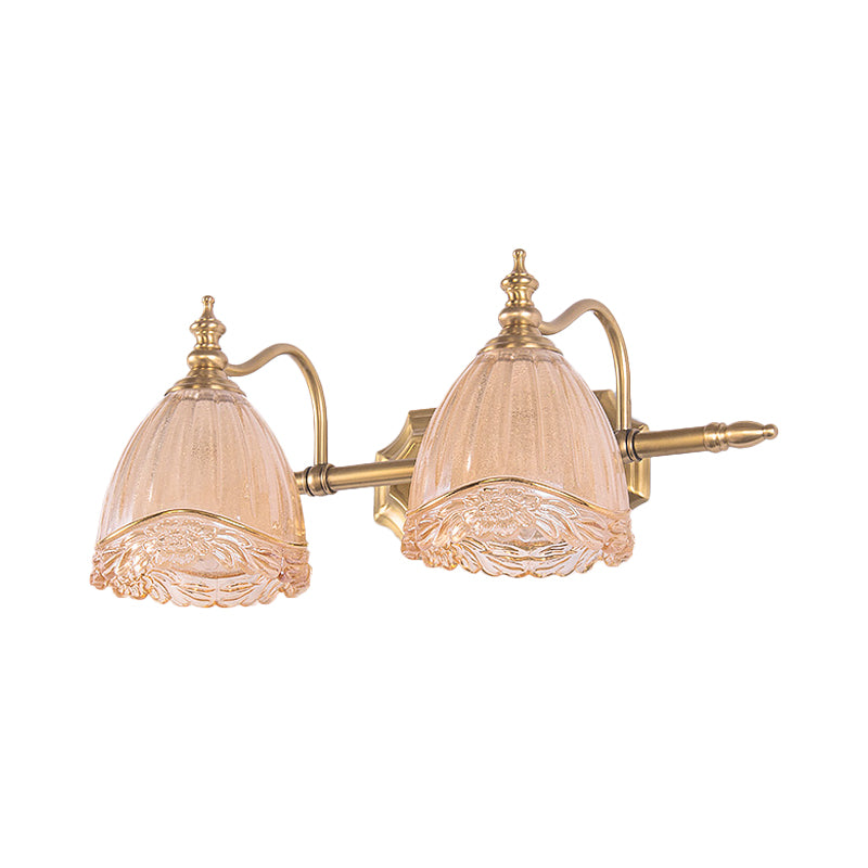 Floral Shade Wall Light Sconce Modern Style Amber Glass 2/3 Bulbs Bathroom Vanity Light in Brass Finish, 16.5"/24.5" W Clearhalo 'Modern wall lights' 'Modern' 'Vanity Lights' 'Wall Lights' Lighting' 255194