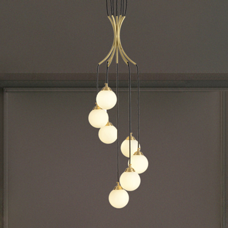 Globe Shade Pendant Light Contemporary Milk Glass Chandelier in Gold for Cafe Dining Table 7 Gold Clearhalo 'Ceiling Lights' 'Chandeliers' 'Modern Chandeliers' 'Modern' Lighting' 255233