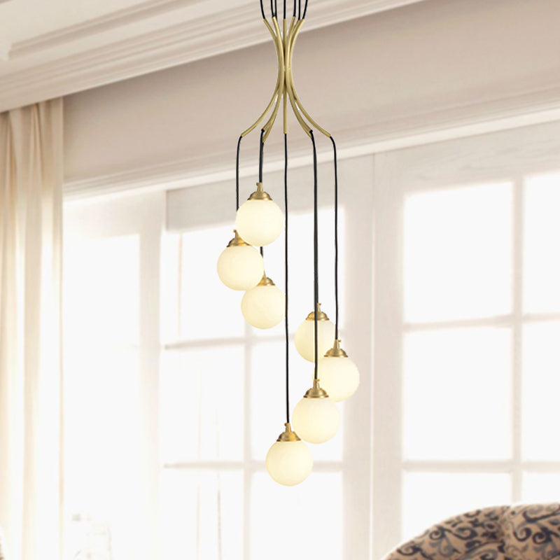 Globe Shade Pendant Light Contemporary Milk Glass Chandelier in Gold for Cafe Dining Table Clearhalo 'Ceiling Lights' 'Chandeliers' 'Modern Chandeliers' 'Modern' Lighting' 255234