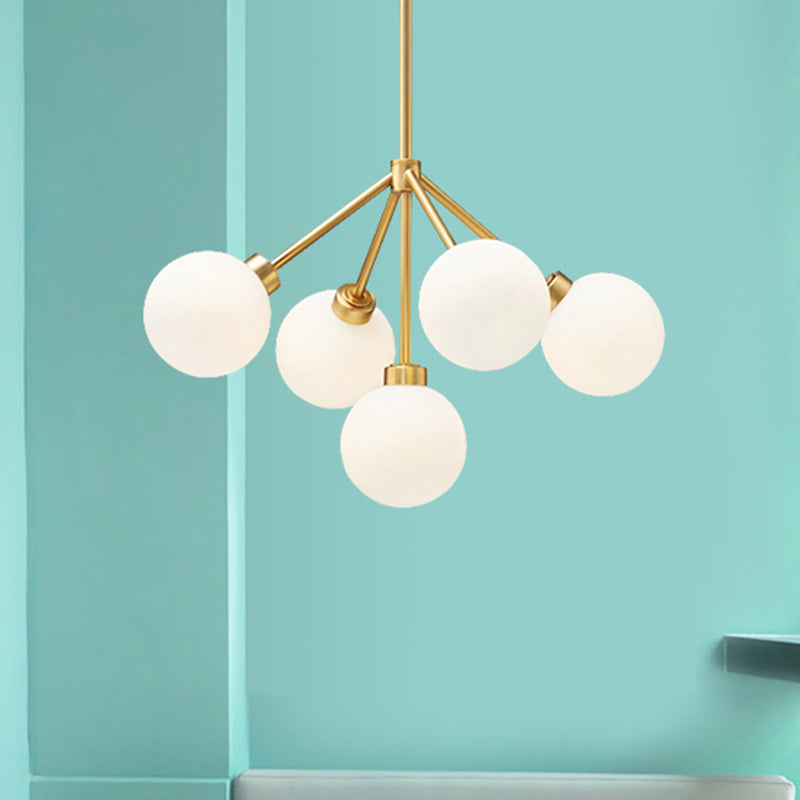 Simple Gold Chandelier Light Globe Shade 5 Lights Milk Glass G9 Hanging Light for Restaurant Clearhalo 'Ceiling Lights' 'Chandeliers' 'Glass shade' 'Glass' 'Modern Chandeliers' 'Modern' Lighting' 255242