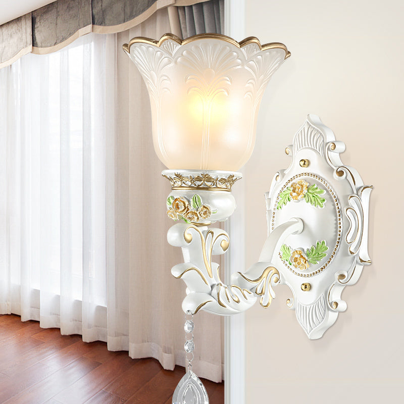 Opal Glass Flower Wall Sconce Light Traditional 1/2 Lights Living Room Wall Light Fixture in White Clearhalo 'Wall Lamps & Sconces' 'Wall Lights' Lighting' 255243