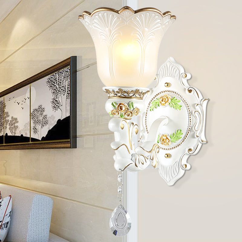 Opal Glass Flower Wall Sconce Light Traditional 1/2 Lights Living Room Wall Light Fixture in White 1.0 White Clearhalo 'Wall Lamps & Sconces' 'Wall Lights' Lighting' 255244