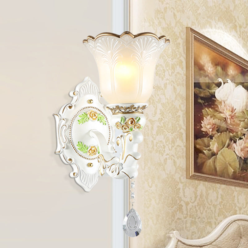 Opal Glass Flower Wall Sconce Light Traditional 1/2 Lights Living Room Wall Light Fixture in White Clearhalo 'Wall Lamps & Sconces' 'Wall Lights' Lighting' 255245