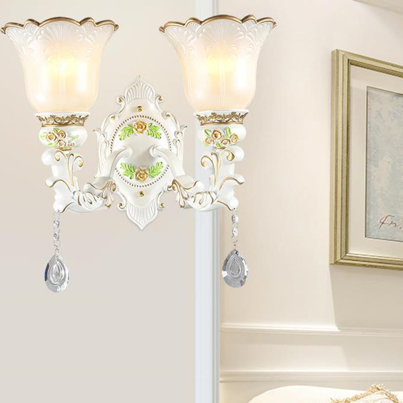 Opal Glass Flower Wall Sconce Light Traditional 1/2 Lights Living Room Wall Light Fixture in White 2.0 White Clearhalo 'Wall Lamps & Sconces' 'Wall Lights' Lighting' 255249