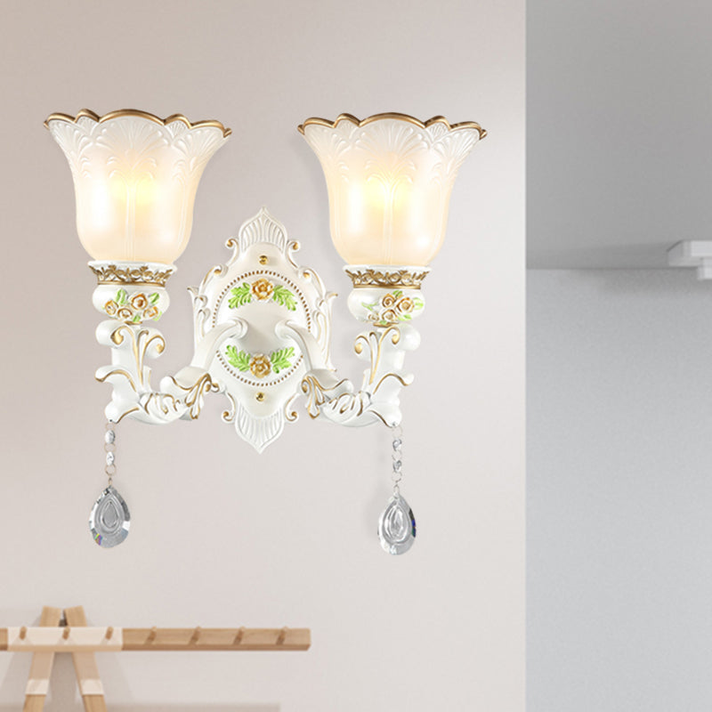 Opal Glass Flower Wall Sconce Light Traditional 1/2 Lights Living Room Wall Light Fixture in White Clearhalo 'Wall Lamps & Sconces' 'Wall Lights' Lighting' 255250