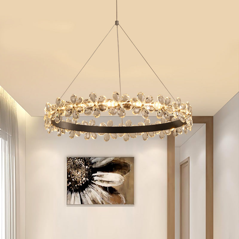 Ultra-modern Circle Hanging Chandelier Clear Crystal Hanging Lamp with Flower Decoration for Restaurant Clearhalo 'Ceiling Lights' 'Chandeliers' 'Clear' 'Industrial' 'Modern Chandeliers' 'Modern' 'Tiffany' 'Traditional Chandeliers' Lighting' 2552501