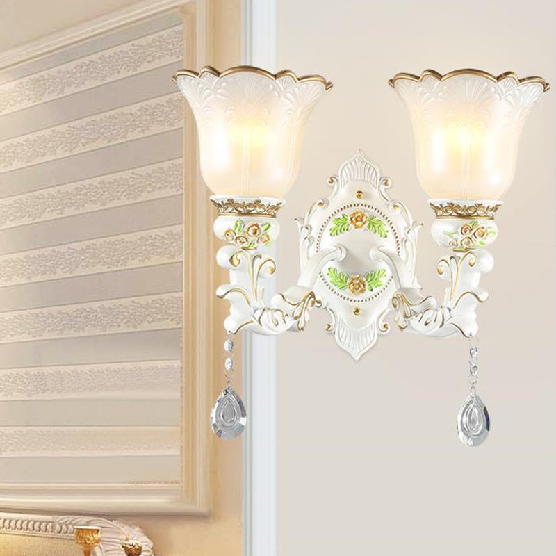 Opal Glass Flower Wall Sconce Light Traditional 1/2 Lights Living Room Wall Light Fixture in White Clearhalo 'Wall Lamps & Sconces' 'Wall Lights' Lighting' 255251