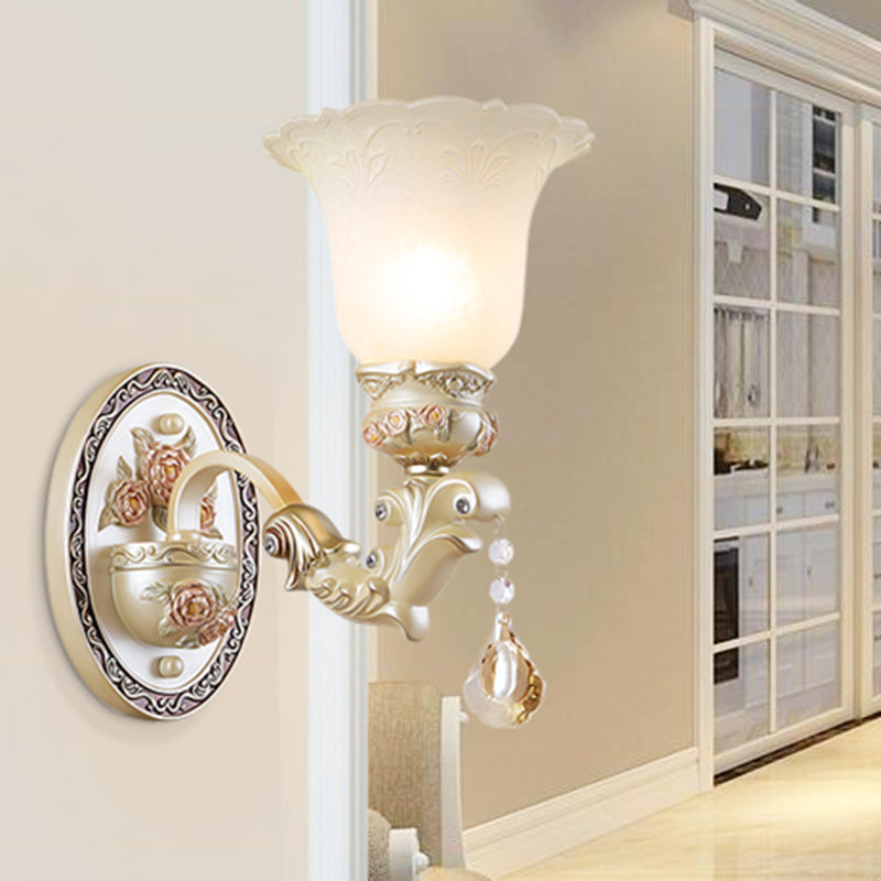 Flower Living Room Wall Sconce Light Vintage Opal Glass 1/2 Lights Beige Wall Light Fixture 1.0 Beige Clearhalo 'Wall Lamps & Sconces' 'Wall Lights' Lighting' 255260