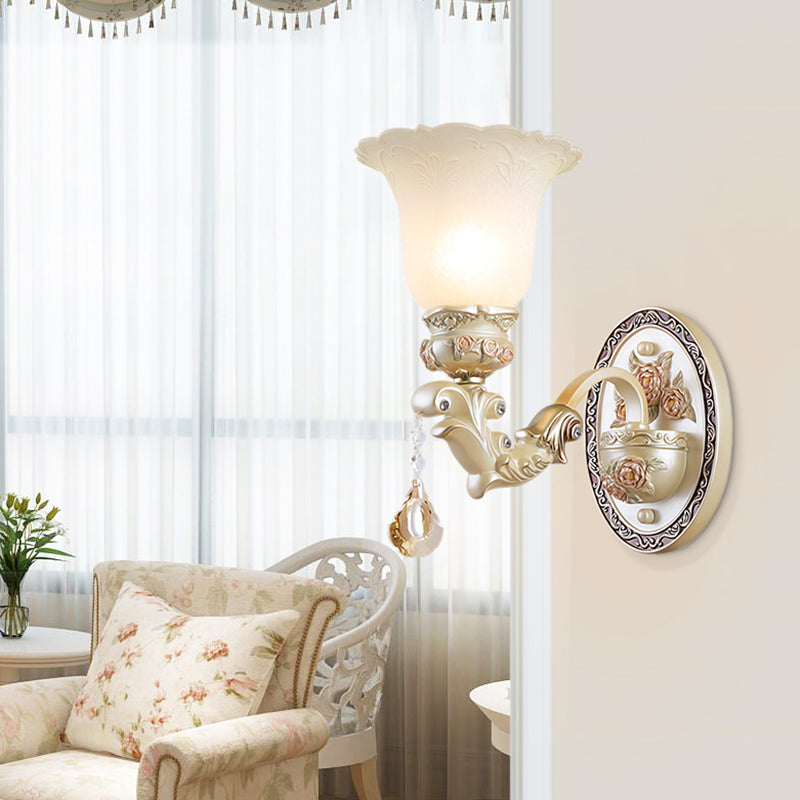 Flower Living Room Wall Sconce Light Vintage Opal Glass 1/2 Lights Beige Wall Light Fixture Clearhalo 'Wall Lamps & Sconces' 'Wall Lights' Lighting' 255261