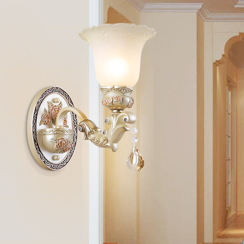 Flower Living Room Wall Sconce Light Vintage Opal Glass 1/2 Lights Beige Wall Light Fixture Clearhalo 'Wall Lamps & Sconces' 'Wall Lights' Lighting' 255262