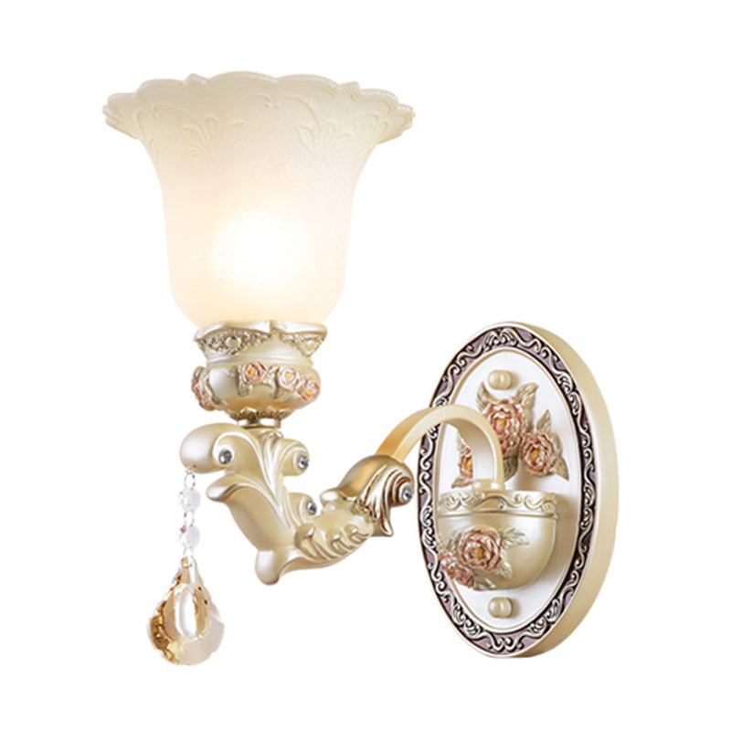 Flower Living Room Wall Sconce Light Vintage Opal Glass 1/2 Lights Beige Wall Light Fixture Clearhalo 'Wall Lamps & Sconces' 'Wall Lights' Lighting' 255263