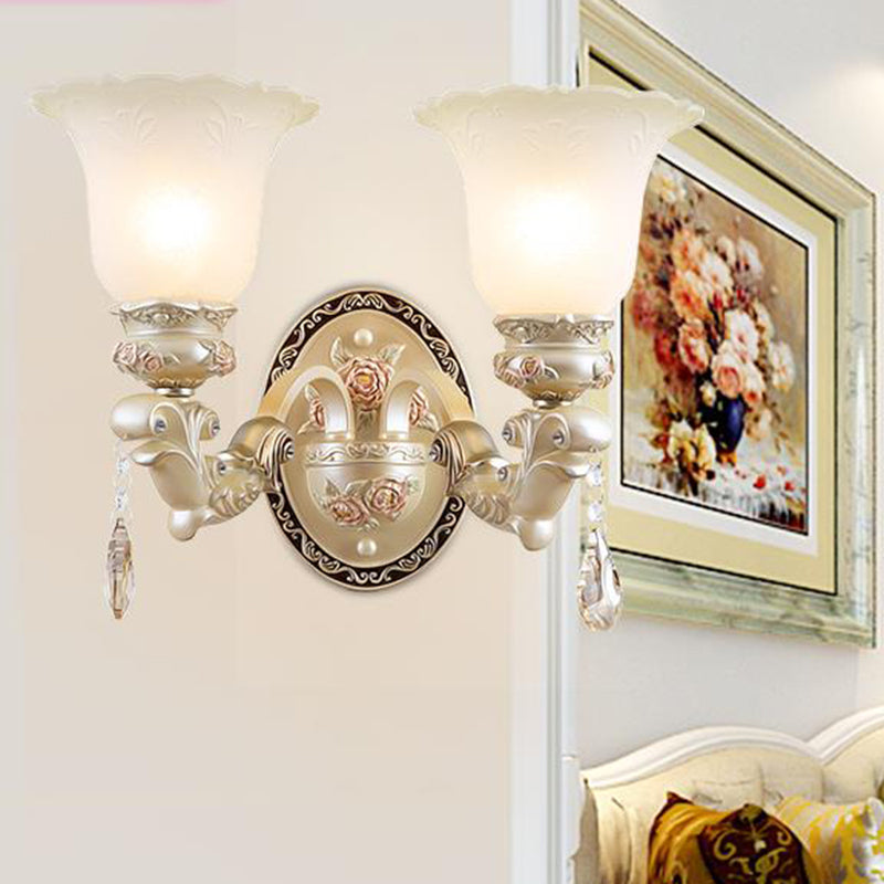 Flower Living Room Wall Sconce Light Vintage Opal Glass 1/2 Lights Beige Wall Light Fixture Clearhalo 'Wall Lamps & Sconces' 'Wall Lights' Lighting' 255266