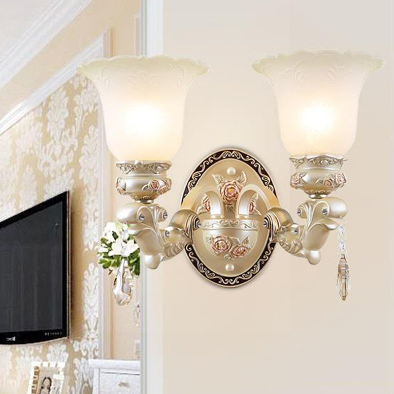 Flower Living Room Wall Sconce Light Vintage Opal Glass 1/2 Lights Beige Wall Light Fixture Clearhalo 'Wall Lamps & Sconces' 'Wall Lights' Lighting' 255267