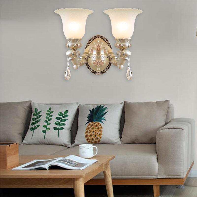 Flower Living Room Wall Sconce Light Vintage Opal Glass 1/2 Lights Beige Wall Light Fixture Clearhalo 'Wall Lamps & Sconces' 'Wall Lights' Lighting' 255268