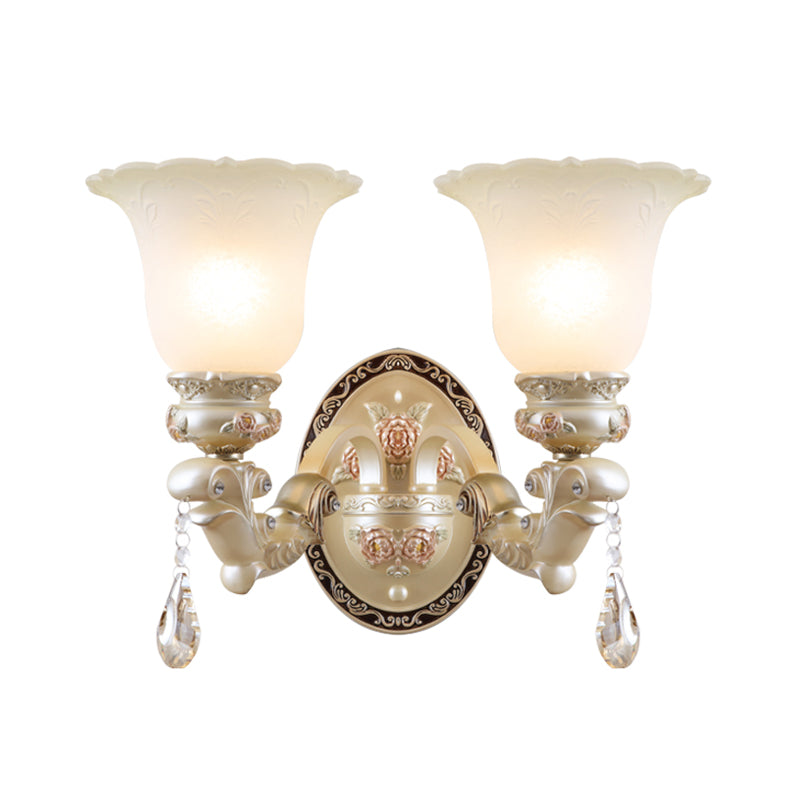 Flower Living Room Wall Sconce Light Vintage Opal Glass 1/2 Lights Beige Wall Light Fixture Clearhalo 'Wall Lamps & Sconces' 'Wall Lights' Lighting' 255269