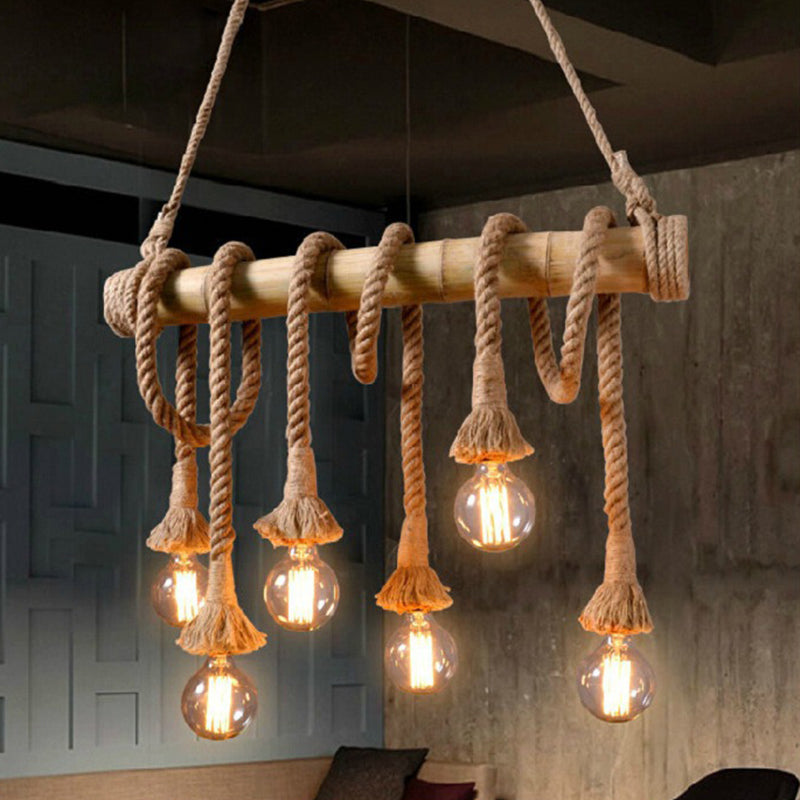 Industrial Style Linear Island Light Bamboo Chandelier Lighting Fixture in Beige 6 Beige Clearhalo 'Ceiling Lights' 'Island Lights' Lighting' 2552753