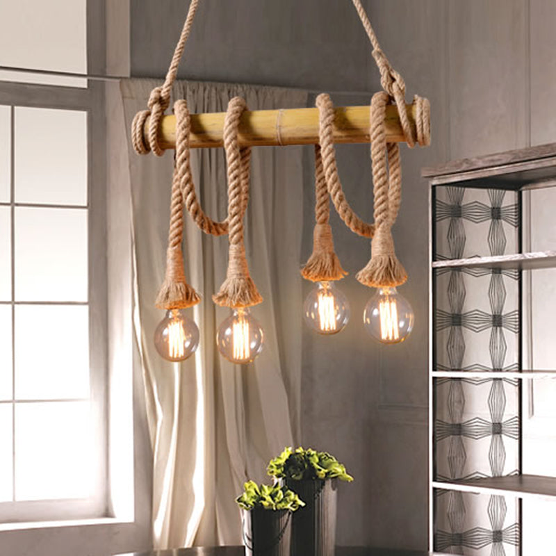 Industrial Style Linear Island Light Bamboo Chandelier Lighting Fixture in Beige 4 Beige Clearhalo 'Ceiling Lights' 'Island Lights' Lighting' 2552754