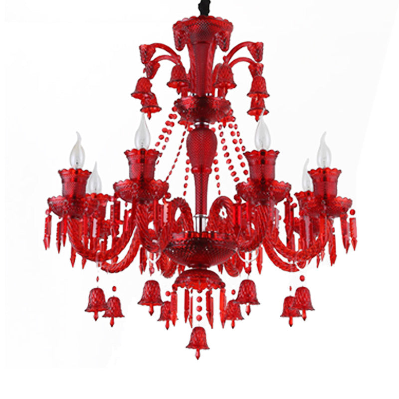 8 Lights Crystal Hanging Lamp Traditional Red/Blue/Purple Candelabra Living Room Chandelier Light Clearhalo 'Ceiling Lights' 'Chandeliers' Lighting' options 255294