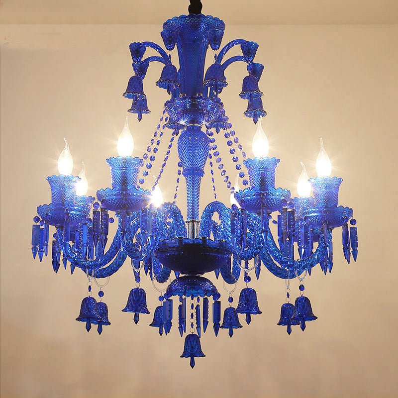 8 Lights Crystal Hanging Lamp Traditional Red/Blue/Purple Candelabra Living Room Chandelier Light Clearhalo 'Ceiling Lights' 'Chandeliers' Lighting' options 255301