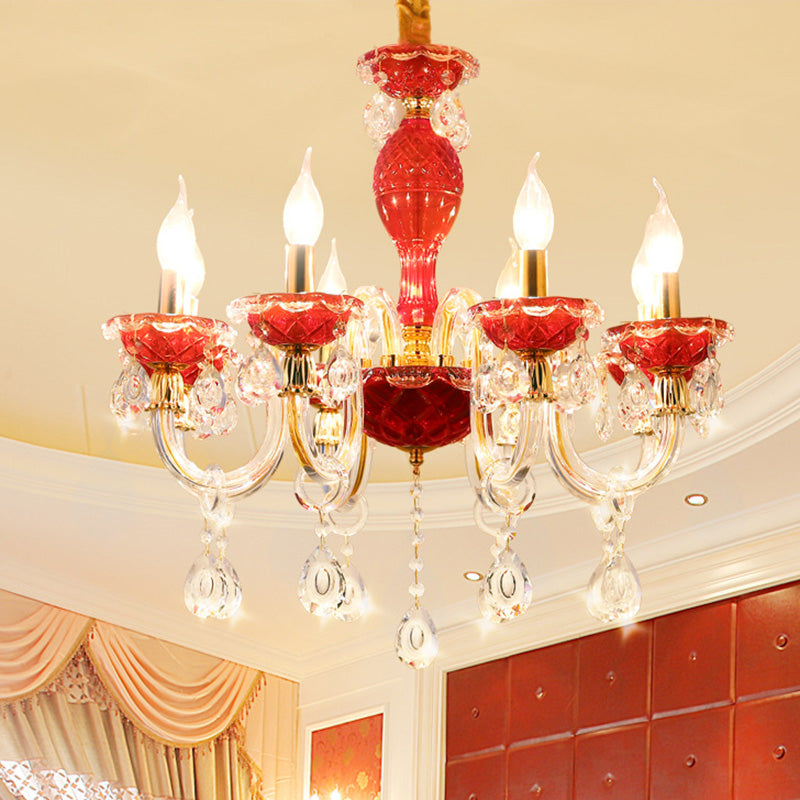 Candle Restaurant Hanging Lamp Kit Traditional Crystal Drip 6/8 Lights Red Chandelier Lighting Clearhalo 'Ceiling Lights' 'Chandeliers' Lighting' options 255319