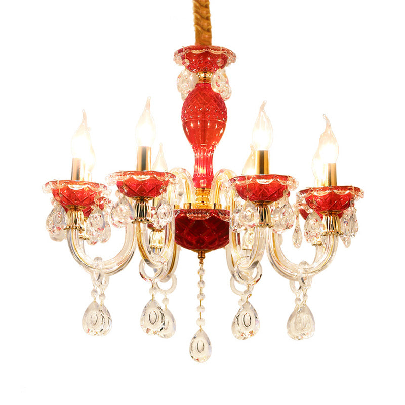 Candle Restaurant Hanging Lamp Kit Traditional Crystal Drip 6/8 Lights Red Chandelier Lighting Clearhalo 'Ceiling Lights' 'Chandeliers' Lighting' options 255321