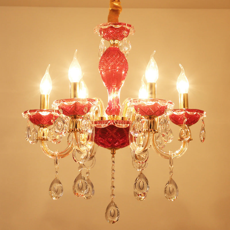 Candle Restaurant Hanging Lamp Kit Traditional Crystal Drip 6/8 Lights Red Chandelier Lighting Clearhalo 'Ceiling Lights' 'Chandeliers' Lighting' options 255322