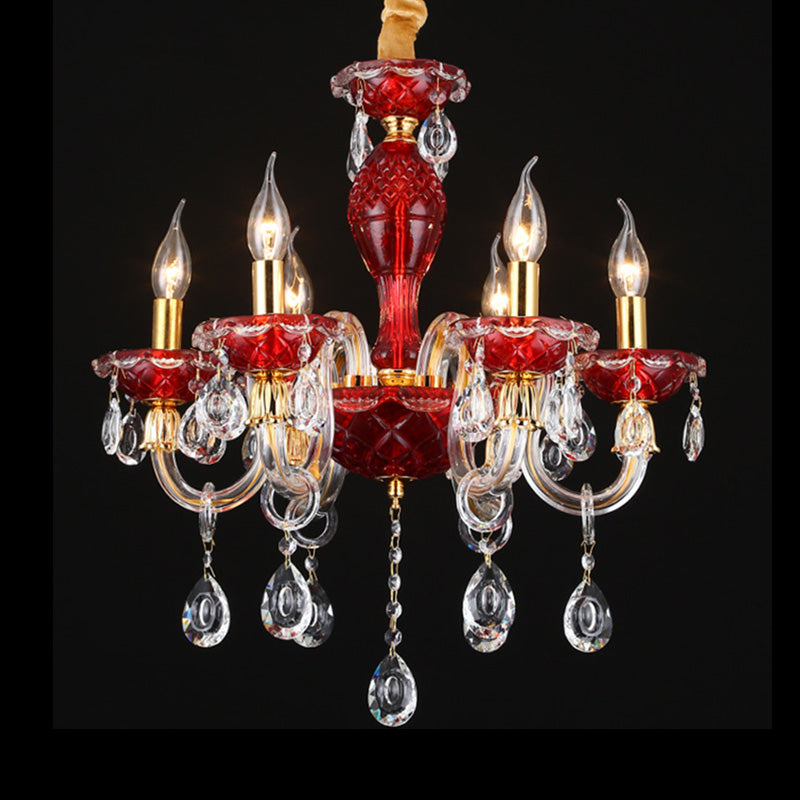 Candle Restaurant Hanging Lamp Kit Traditional Crystal Drip 6/8 Lights Red Chandelier Lighting Clearhalo 'Ceiling Lights' 'Chandeliers' Lighting' options 255323