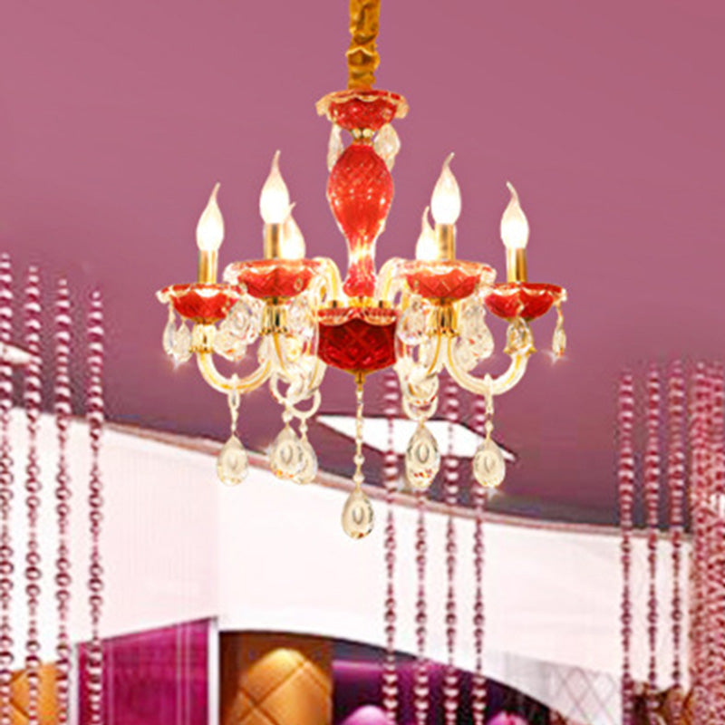 Candle Restaurant Hanging Lamp Kit Traditional Crystal Drip 6/8 Lights Red Chandelier Lighting Clearhalo 'Ceiling Lights' 'Chandeliers' Lighting' options 255325