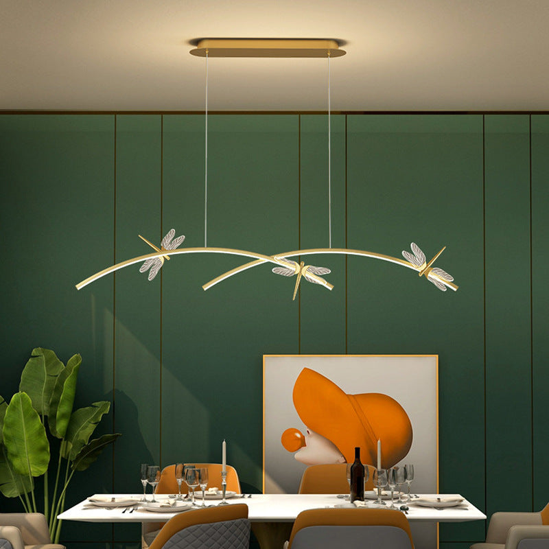 Curve Linear LED Island Pendant Minimalist Metal Restaurant Ceiling Light with Dragonfly Decor Clearhalo 'Ceiling Lights' 'Island Lights' Lighting' 2553262