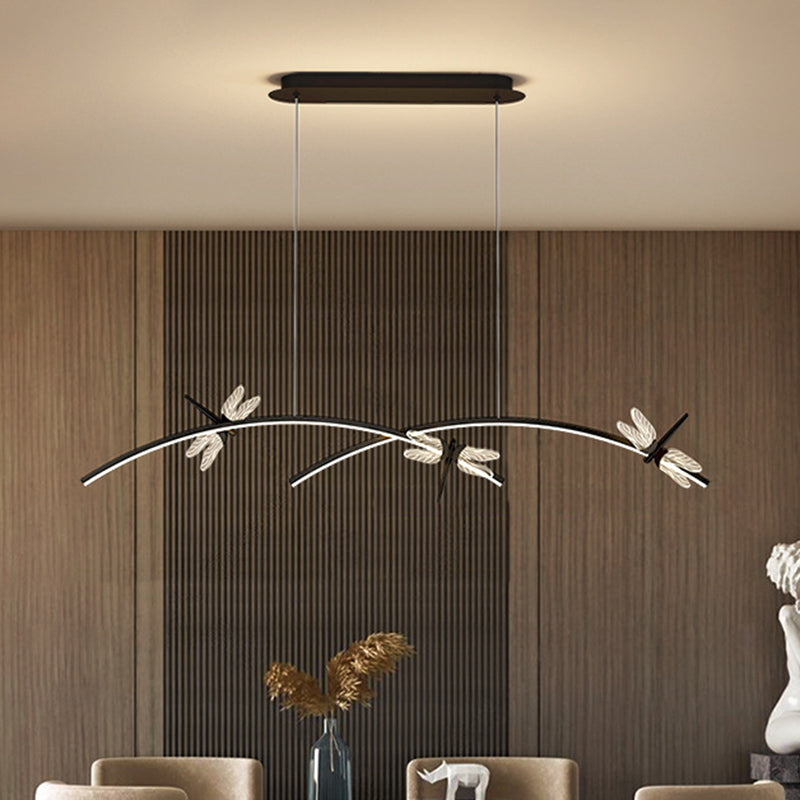 Curve Linear LED Island Pendant Minimalist Metal Restaurant Ceiling Light with Dragonfly Decor Clearhalo 'Ceiling Lights' 'Island Lights' Lighting' 2553268