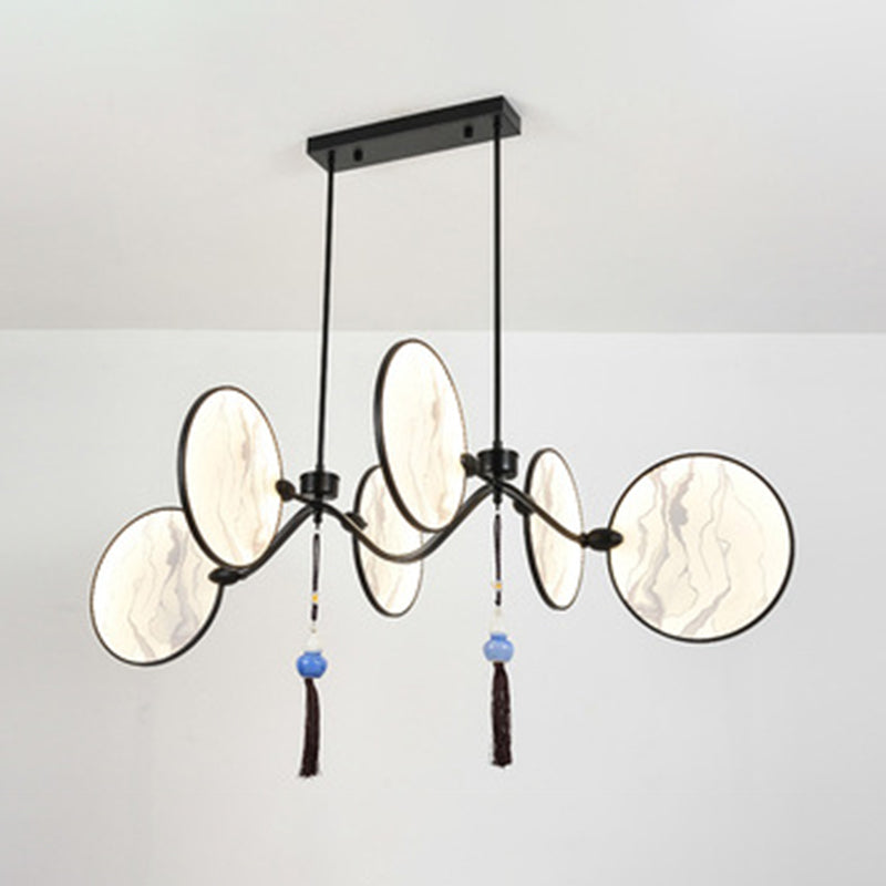 Circular Fan Shaped Island Lamp Modern Acrylic LED Tearoom Suspension Light with Landscape Print 6 Black Clearhalo 'Ceiling Lights' 'Island Lights' Lighting' 2553297