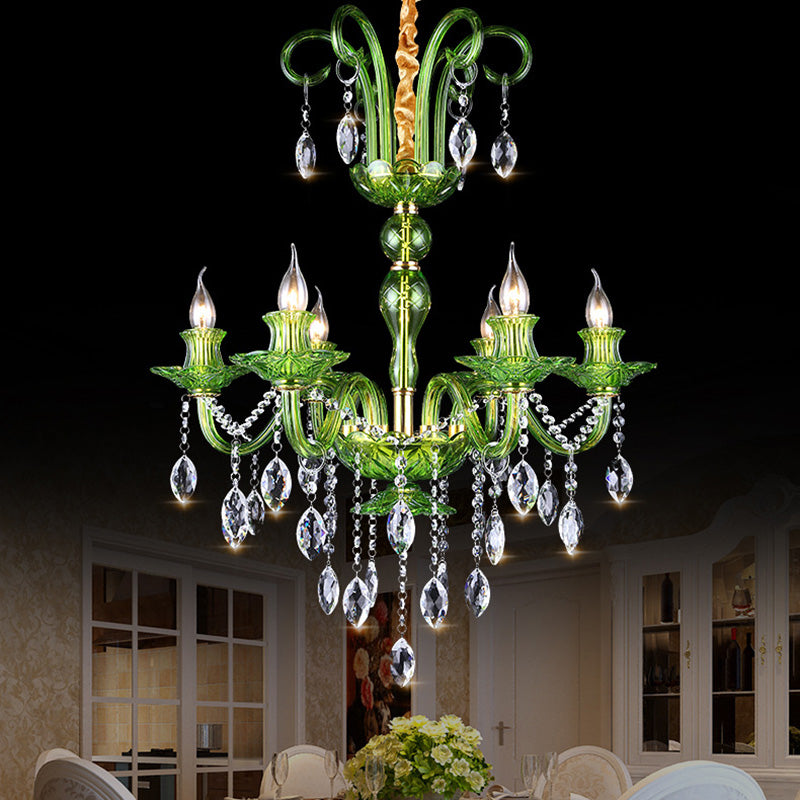 Candle Green Glass Chandelier Lamp Traditional 6 Heads Dining Room Hanging Ceiling Light with Crystal Drip Decoration Clearhalo 'Ceiling Lights' 'Chandeliers' Lighting' options 255352