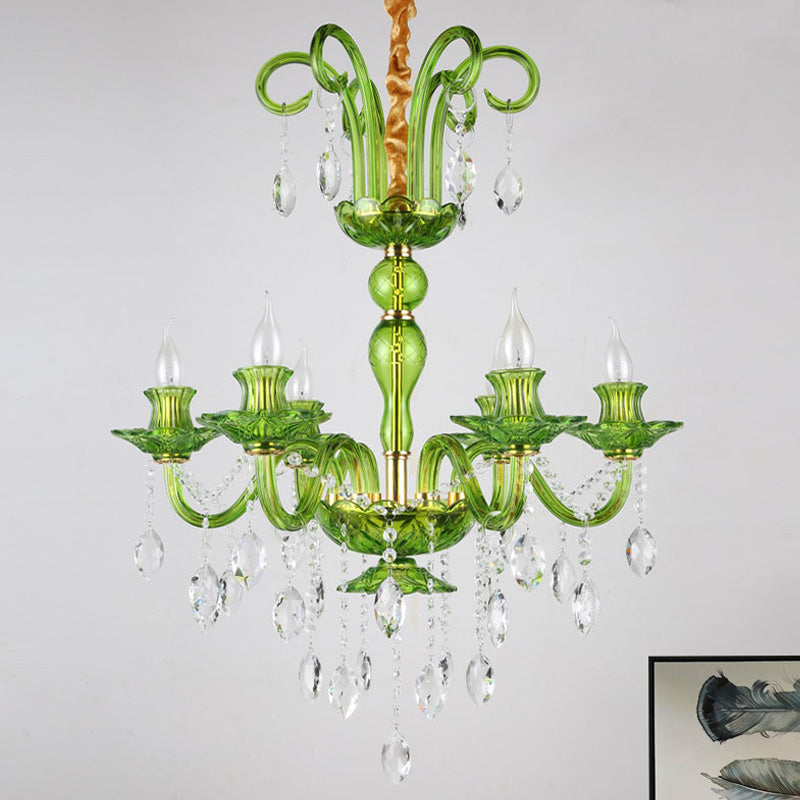 Candle Green Glass Chandelier Lamp Traditional 6 Heads Dining Room Hanging Ceiling Light with Crystal Drip Decoration Clearhalo 'Ceiling Lights' 'Chandeliers' Lighting' options 255353