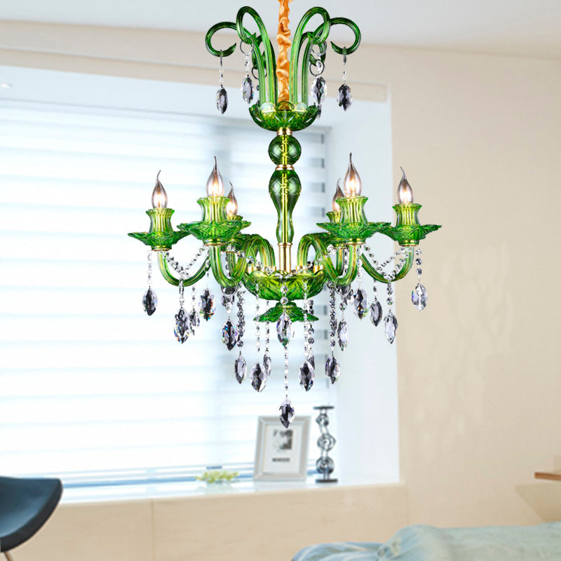 Candle Green Glass Chandelier Lamp Traditional 6 Heads Dining Room Hanging Ceiling Light with Crystal Drip Decoration Clearhalo 'Ceiling Lights' 'Chandeliers' Lighting' options 255354