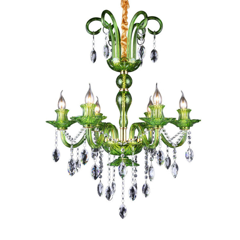 Candle Green Glass Chandelier Lamp Traditional 6 Heads Dining Room Hanging Ceiling Light with Crystal Drip Decoration Clearhalo 'Ceiling Lights' 'Chandeliers' Lighting' options 255356