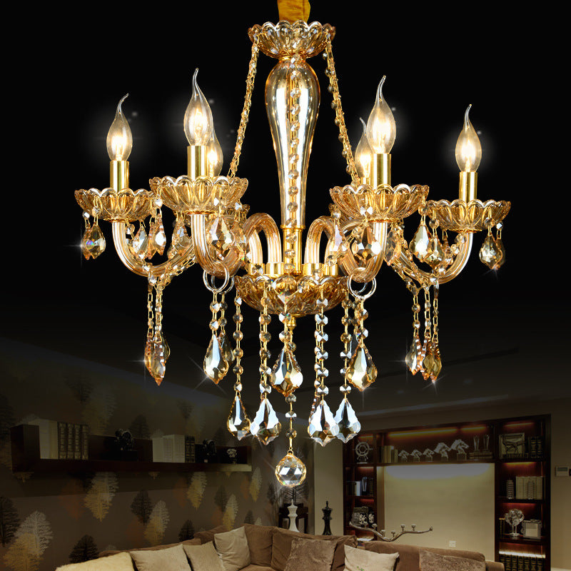 6 Heads Gold Glass Hanging Ceiling Light Traditional Candle Living Room Chandelier Lighting with Crystal Drop Clearhalo 'Ceiling Lights' 'Chandeliers' Lighting' options 255360