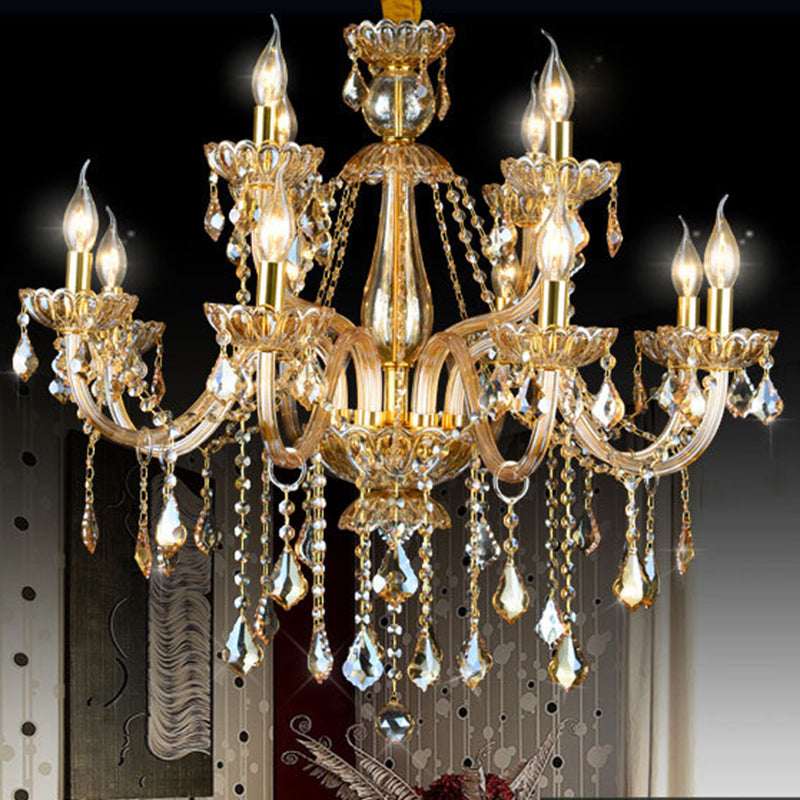 6 Heads Gold Glass Hanging Ceiling Light Traditional Candle Living Room Chandelier Lighting with Crystal Drop Clearhalo 'Ceiling Lights' 'Chandeliers' Lighting' options 255361