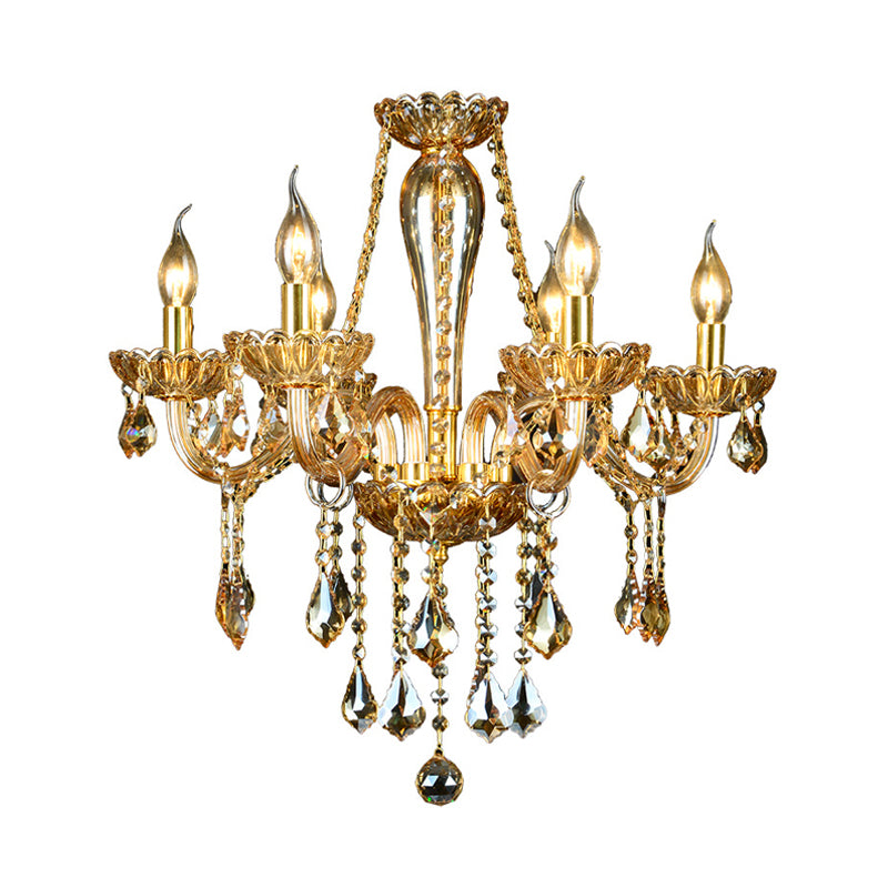 6 Heads Gold Glass Hanging Ceiling Light Traditional Candle Living Room Chandelier Lighting with Crystal Drop Clearhalo 'Ceiling Lights' 'Chandeliers' Lighting' options 255364