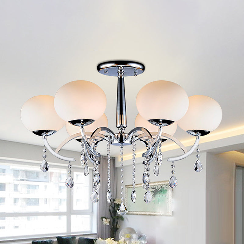 Milky Glass Ball Semi Chandelier Light Traditional 6-Light Chrome Finish Ceiling Lamp with Crystal Droplet Clearhalo 'Ceiling Lights' 'Close To Ceiling Lights' 'Close to ceiling' 'Semi-flushmount' Lighting' 255383