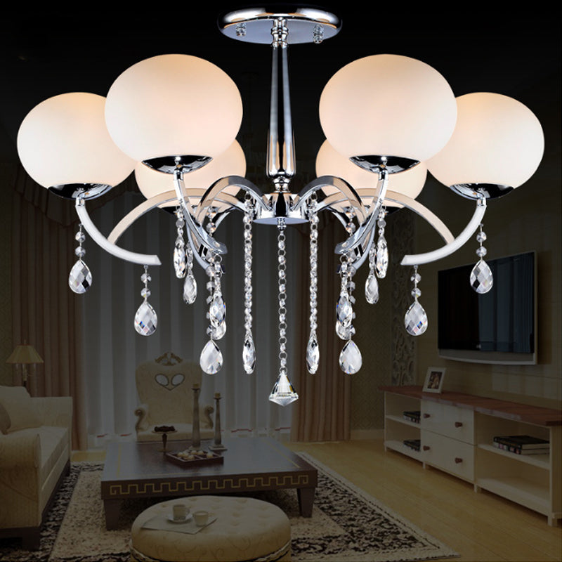 Milky Glass Ball Semi Chandelier Light Traditional 6-Light Chrome Finish Ceiling Lamp with Crystal Droplet Chrome Clearhalo 'Ceiling Lights' 'Close To Ceiling Lights' 'Close to ceiling' 'Semi-flushmount' Lighting' 255384