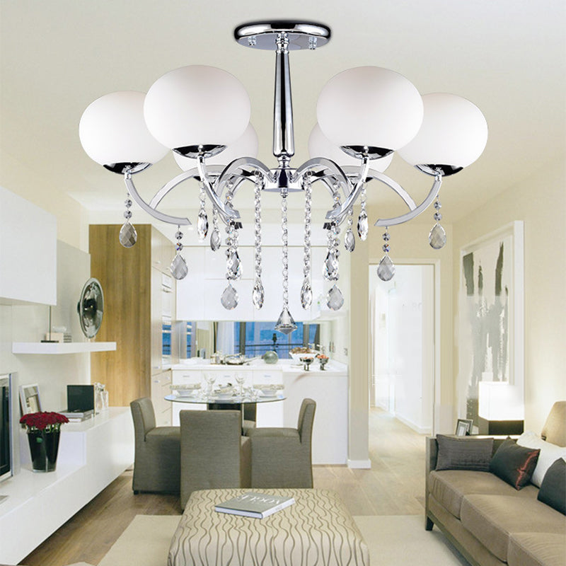 Milky Glass Ball Semi Chandelier Light Traditional 6-Light Chrome Finish Ceiling Lamp with Crystal Droplet Clearhalo 'Ceiling Lights' 'Close To Ceiling Lights' 'Close to ceiling' 'Semi-flushmount' Lighting' 255385