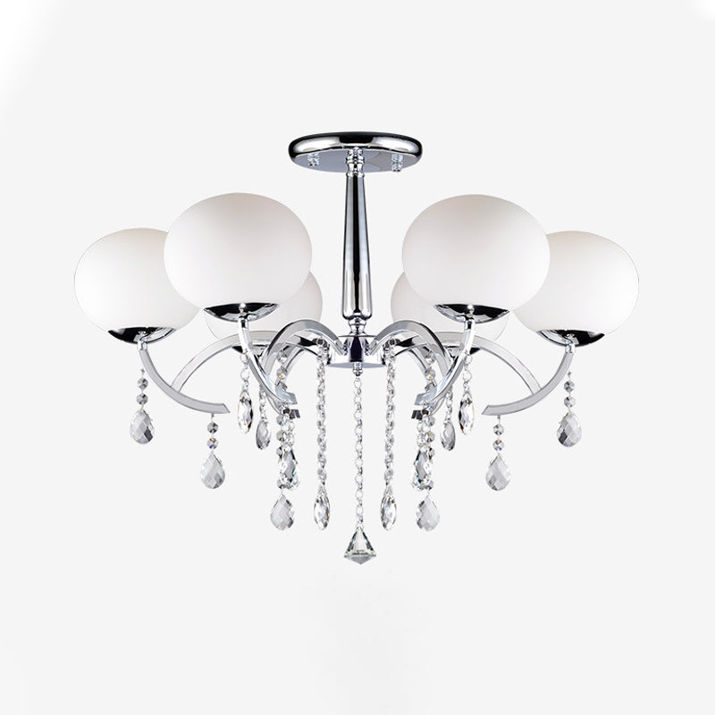 Milky Glass Ball Semi Chandelier Light Traditional 6-Light Chrome Finish Ceiling Lamp with Crystal Droplet Clearhalo 'Ceiling Lights' 'Close To Ceiling Lights' 'Close to ceiling' 'Semi-flushmount' Lighting' 255386