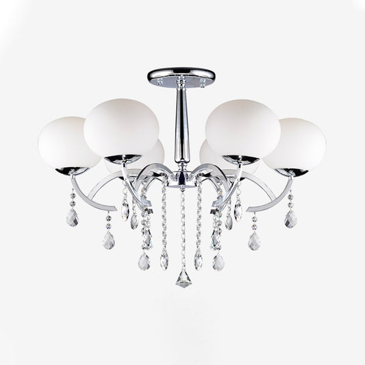 Milky Glass Ball Semi Chandelier Light Traditional 6-Light Chrome Finish Ceiling Lamp with Crystal Droplet Clearhalo 'Ceiling Lights' 'Close To Ceiling Lights' 'Close to ceiling' 'Semi-flushmount' Lighting' 255386