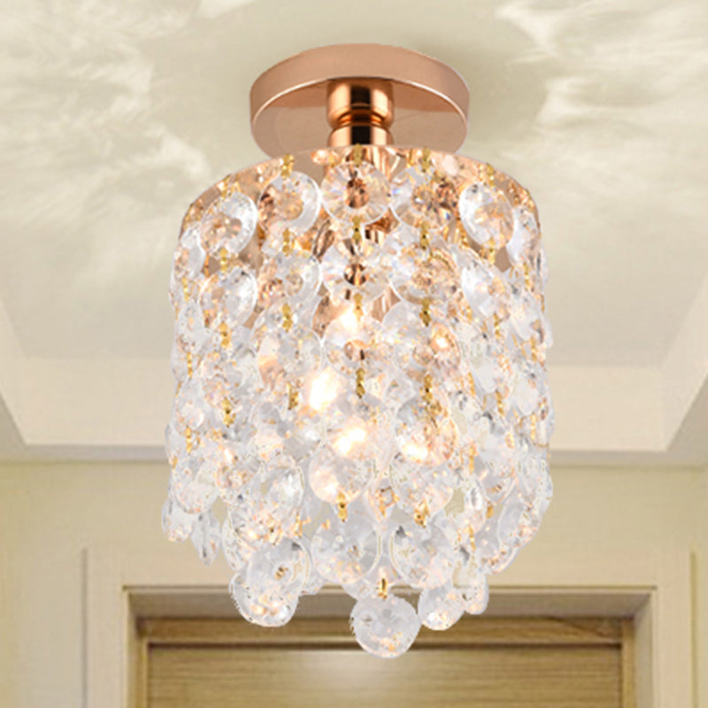 Golden Cylinder Mini Semi Flush Light Simplicity 1 Bulb Crystal Flush Mount Ceiling Lamp Clearhalo 'Ceiling Lights' 'Close To Ceiling Lights' 'Close to ceiling' 'Semi-flushmount' Lighting' 255420