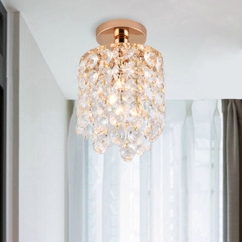 Golden Cylinder Mini Semi Flush Light Simplicity 1 Bulb Crystal Flush Mount Ceiling Lamp Gold Clearhalo 'Ceiling Lights' 'Close To Ceiling Lights' 'Close to ceiling' 'Semi-flushmount' Lighting' 255421