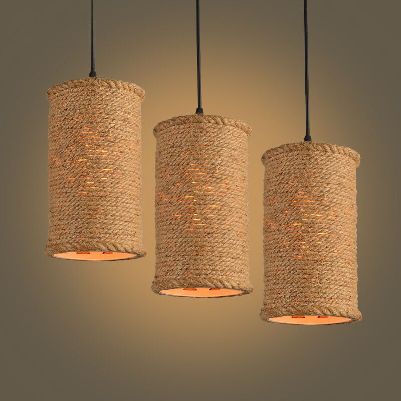 Beige Rural Retro Creative Pendant Lighting Rope Cylinder Pendant Lights for Restaurant Clearhalo 'Ceiling Lights' 'Industrial Pendants' 'Industrial' 'Middle Century Pendants' 'Pendant Lights' 'Pendants' 'Tiffany' Lighting' 2554219