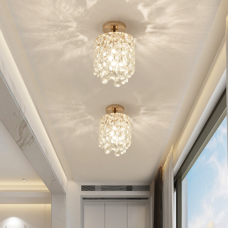 Golden Cylinder Mini Semi Flush Light Simplicity 1 Bulb Crystal Flush Mount Ceiling Lamp Clearhalo 'Ceiling Lights' 'Close To Ceiling Lights' 'Close to ceiling' 'Semi-flushmount' Lighting' 255422