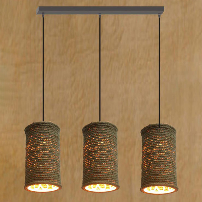 Beige Rural Retro Creative Pendant Lighting Rope Cylinder Pendant Lights for Restaurant Beige Linear Clearhalo 'Ceiling Lights' 'Industrial Pendants' 'Industrial' 'Middle Century Pendants' 'Pendant Lights' 'Pendants' 'Tiffany' Lighting' 2554223