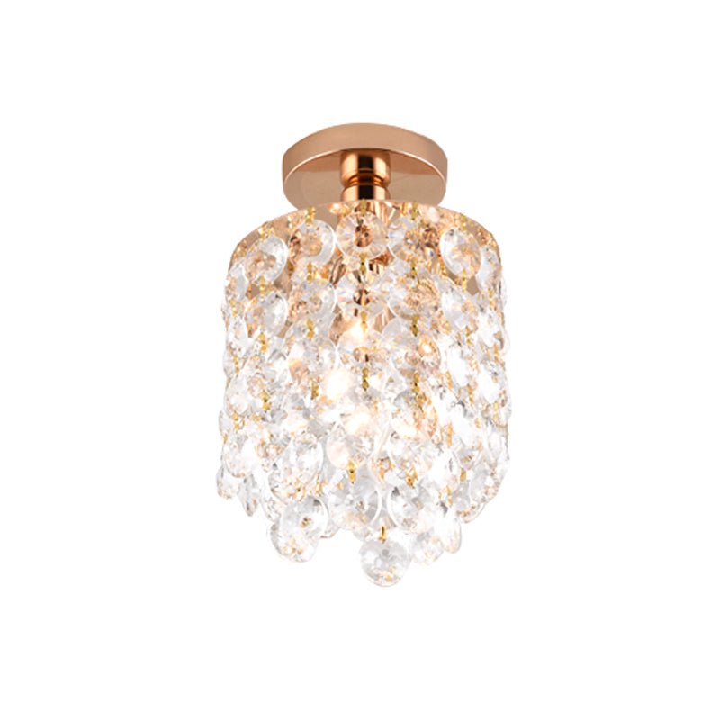 Golden Cylinder Mini Semi Flush Light Simplicity 1 Bulb Crystal Flush Mount Ceiling Lamp Clearhalo 'Ceiling Lights' 'Close To Ceiling Lights' 'Close to ceiling' 'Semi-flushmount' Lighting' 255423